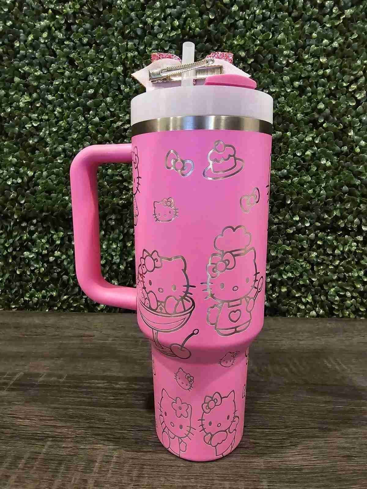 Hello Kitty Stanley Cup Tumbler 40oz | Kitty Says Hello Peony Pink Water Bottle Cup – Custom Laser Engraved Quencher Full Wrap – | Choice Wholesales