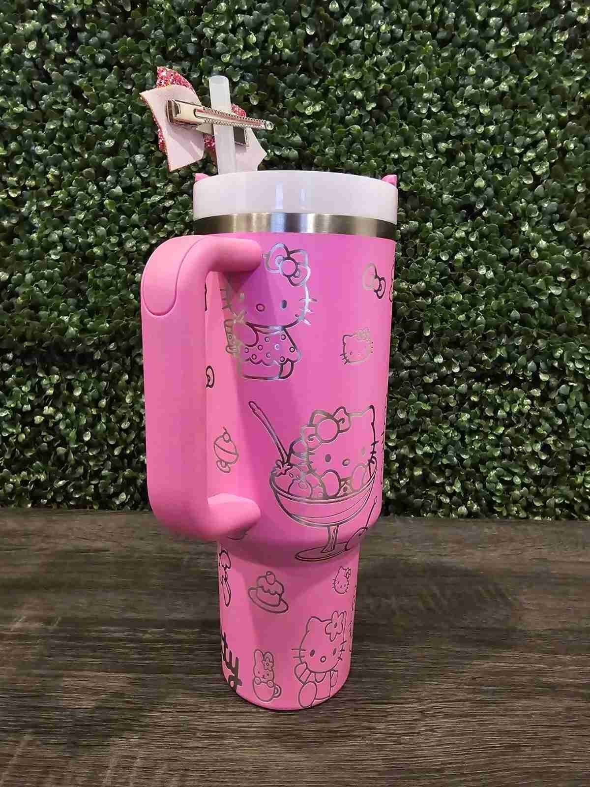Hello Kitty Stanley Cup Tumbler 40oz | Kitty Says Hello Peony Pink Water Bottle Cup – Custom Laser Engraved Quencher Full Wrap – | Choice Wholesales