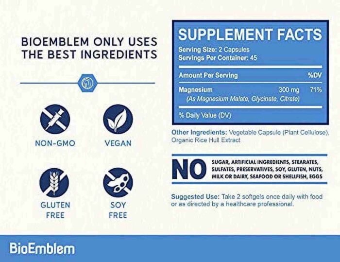 BioEmblem Triple Magnesium Complex | 300mg of Magnesium Glycinate, Malate, Citrate for Muscles, Nerves, Energy | High Absorption | Choice Wholesales