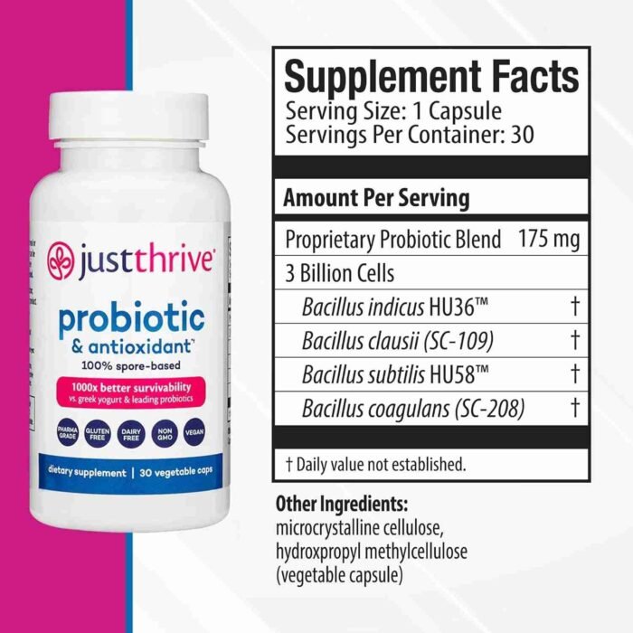 Just Thrive Probiotic & Antioxidant Supplement – 100% Spore-Based Digestive and Immune Support – Gluten Free, 30 Caps | Choice Wholesales