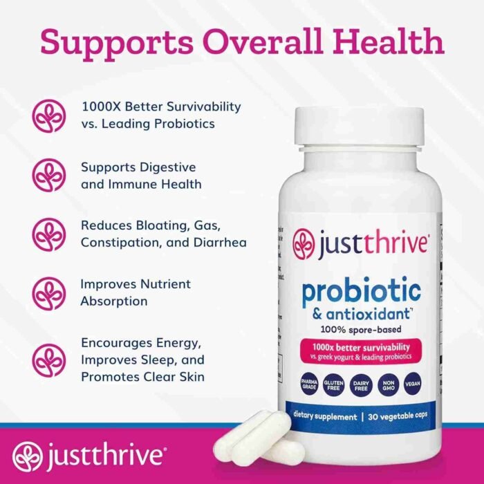 Just Thrive Probiotic & Antioxidant Supplement – 100% Spore-Based Digestive and Immune Support – Gluten Free, 30 Caps | Choice Wholesales