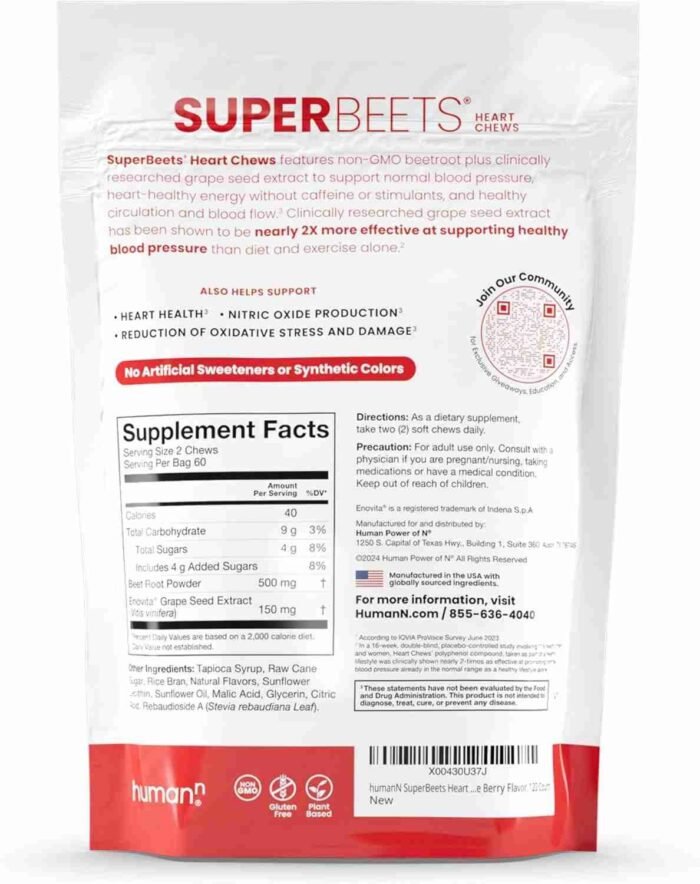 humanN SuperBeets Heart Chews, Nitric Oxide and Blood Pressure Support, Grape Seed Extract & Non-GMO Beet Root Powder Energy | Choice Wholesales