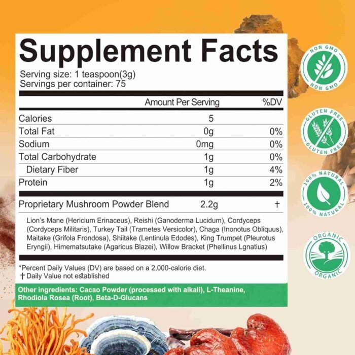 Mushroom Coffee for Smoothies/Latte, Mushroom Powder Blend (57 Servings) with Lions Mane, Reishi, Cordyceps, Turkey Tail, Chaga | Choice Wholesales