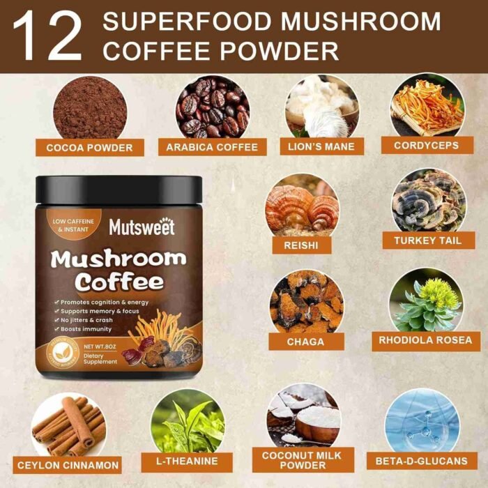 Mushroom Coffee for Smoothies/Latte, Mushroom Powder Blend (57 Servings) with Lions Mane, Reishi, Cordyceps, Turkey Tail, Chaga | Choice Wholesales