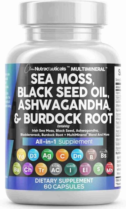 Sea Moss 3000mg Black Seed Oil 2000mg Ashwagandha 1000mg Turmeric 1000mg Bladderwrack 1000mg Burdock 1000mg & Vitamin C & D3