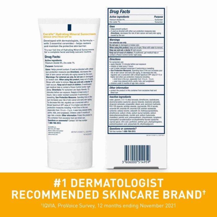 CeraVe Hydrating Face Mineral Sunscreen Lotion SPF 50 for All Skin Types, 2.5 fl oz | Choice Wholesales