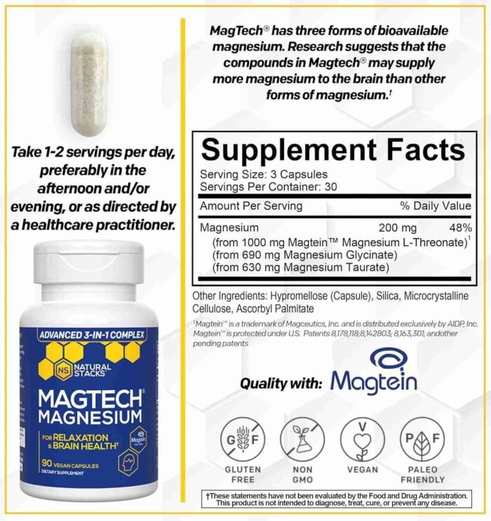MagTech Magnesium Supplement – 3 Forms of Magnesium: Magtein L-Threonate, Glycinate & Taurate – 200mg Chelated Magnesium Complex | Choice Wholesales